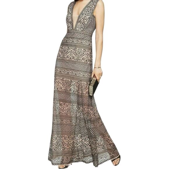 BCBGMAXAZRIA Beige Black Aurora Embroidered Tulle Sleeveless Trumpet Gown 4 - Picture 1 of 10